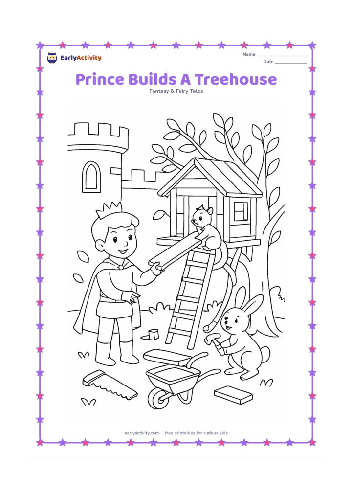 Colouring page: A prince and two animal friends build a small treehouse in the castle grounds, with the prince handing over a wooden plank. Include a ladder, rope, tools, leafy branches, a castle wall,…