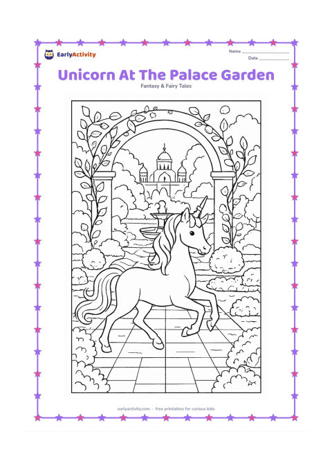 Colouring page: Draw one unicorn prancing through a formal garden with an arched gateway, patterned paving, trimmed bushes, a fountain, climbing vines, and distant palace domes without symbols or text.