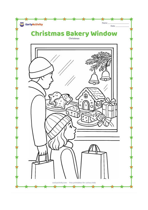 Colouring page: A bakery window displays iced star biscuits, a gingerbread house, fruit cake slices, bells and wrapped treats beside a decorated evergreen branch. A child outside looks into the warmly…