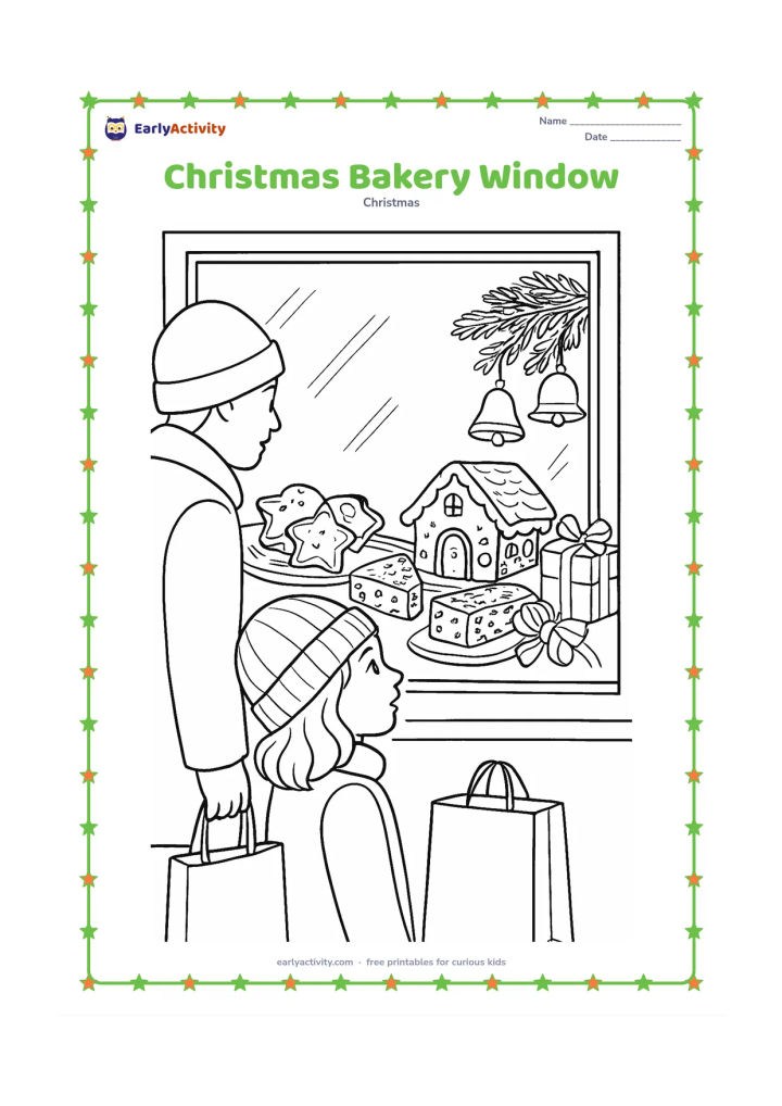 Colouring page: A bakery window displays iced star biscuits, a gingerbread house, fruit cake slices, bells and wrapped treats beside a decorated evergreen branch. A child outside looks into the warmly…