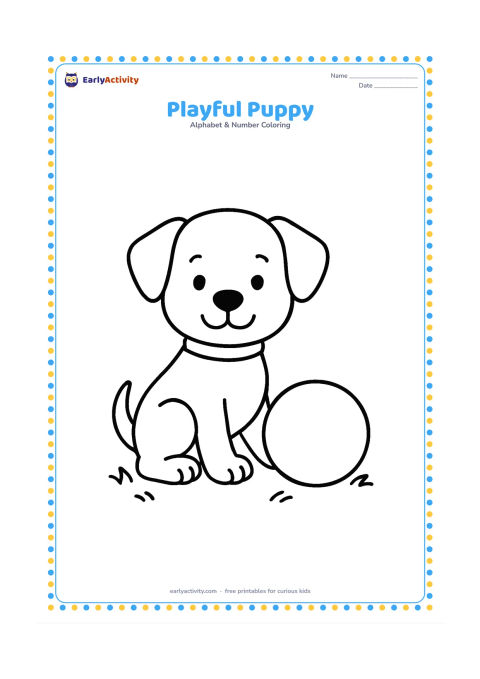 Colouring page: Draw a puppy sitting with one paw lifted beside a large round ball. Add a simple patch of grass and a short curved tail.