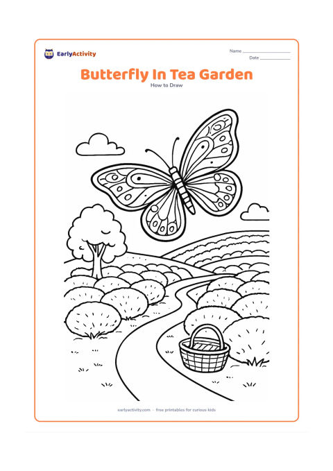 Worksheet: Show a butterfly flying above rows of rounded tea bushes on a gentle hillside, with a narrow path, a shade tree and a small basket near the foreground. Give the butterfly detailed but…