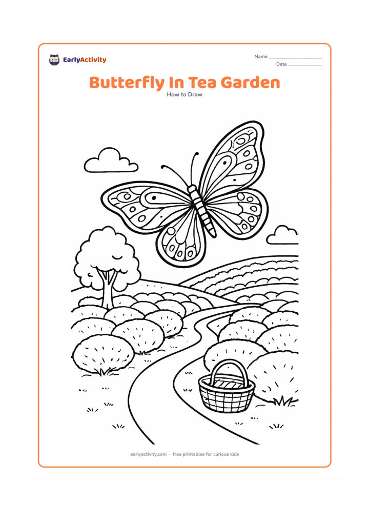Worksheet: Show a butterfly flying above rows of rounded tea bushes on a gentle hillside, with a narrow path, a shade tree and a small basket near the foreground. Give the butterfly detailed but…
