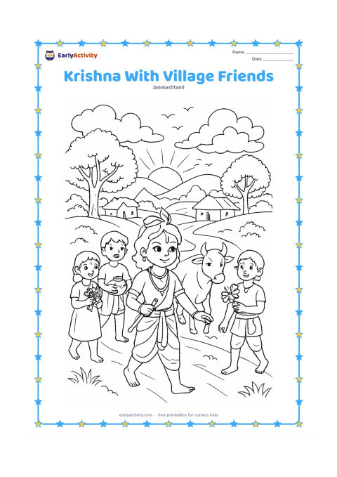 Colouring page: Draw Krishna leading several friends and cows along a winding village path at sunset, with one child carrying a flute, another carrying a butter pot, and others holding flowers. Add…