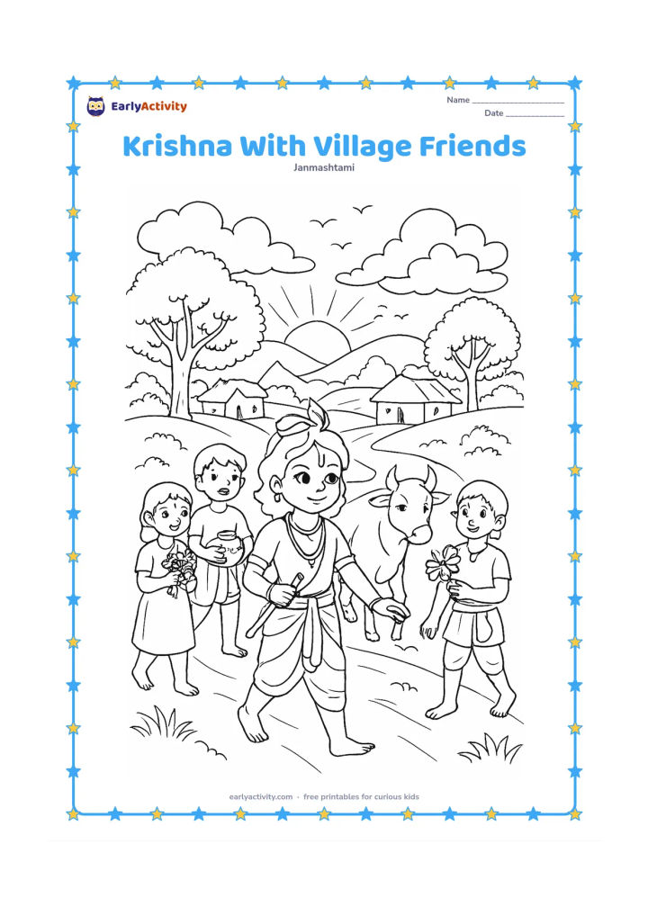 Colouring page: Draw Krishna leading several friends and cows along a winding village path at sunset, with one child carrying a flute, another carrying a butter pot, and others holding flowers. Add…
