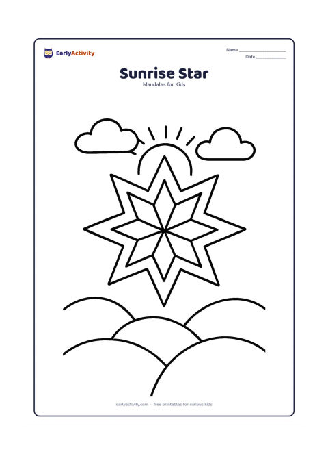 Colouring page: Place a large eight-point star mandala in the centre, with broad repeated sections and a small rising sun behind its upper edge. Add two simple clouds and low rounded hills around the…