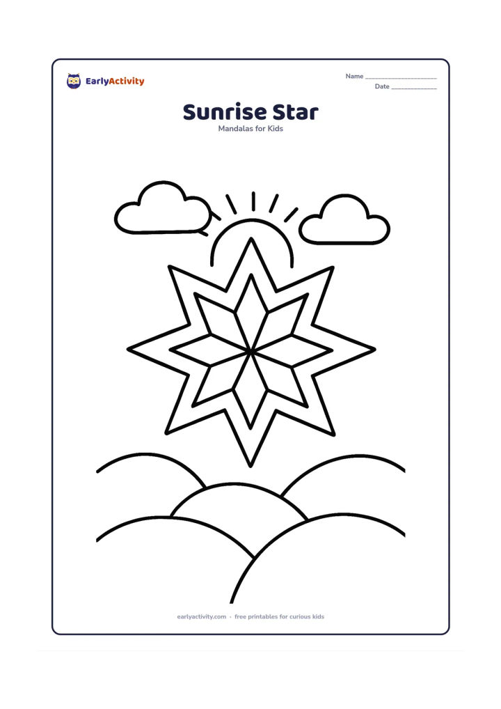 Colouring page: Place a large eight-point star mandala in the centre, with broad repeated sections and a small rising sun behind its upper edge. Add two simple clouds and low rounded hills around the…