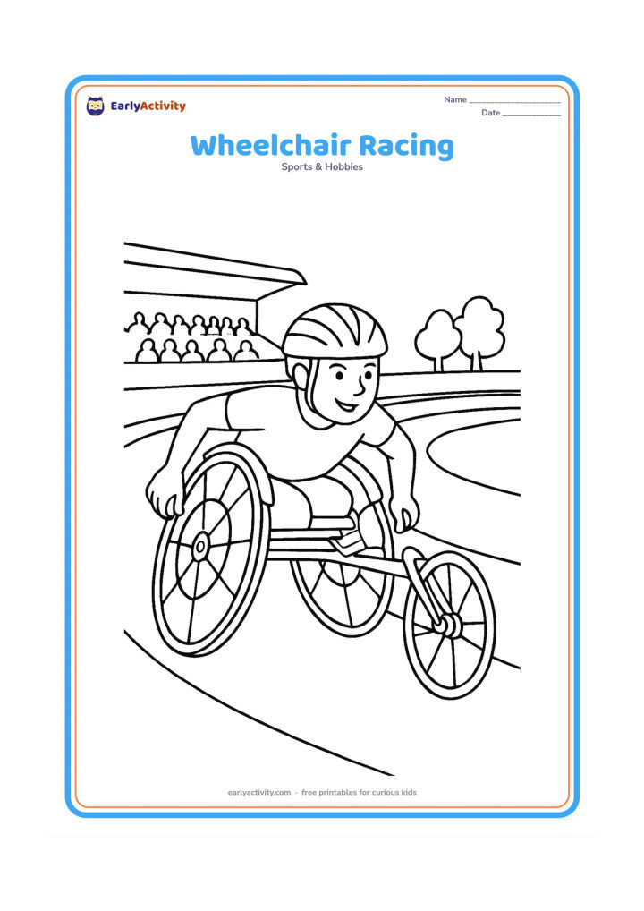 Colouring page: An athlete in a racing wheelchair pushes the large wheels along a track, with lane curves, a grandstand and trees in the distance. Show the athlete leaning forward with a determined but…