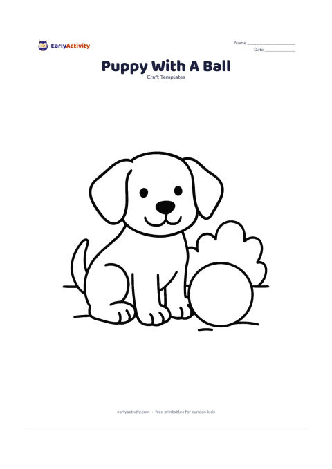 Worksheet: Draw a sitting puppy with floppy ears and a large round ball beside its front paws. Add a simple garden ground line and one broad bush shape behind the puppy.