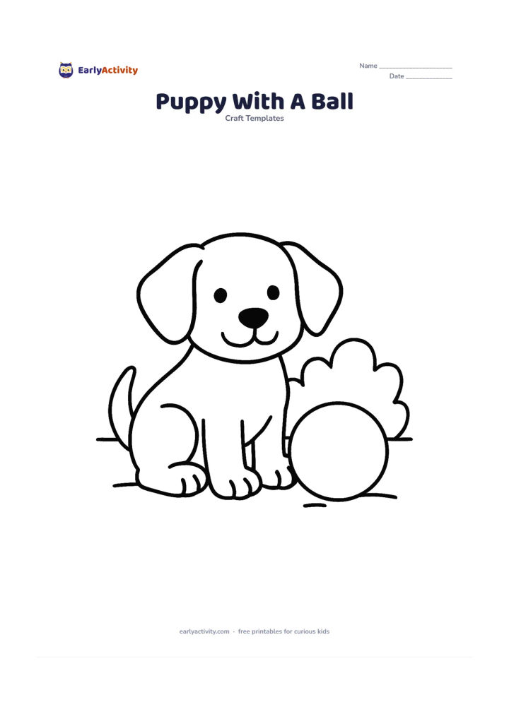 Worksheet: Draw a sitting puppy with floppy ears and a large round ball beside its front paws. Add a simple garden ground line and one broad bush shape behind the puppy.