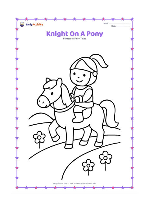 Colouring page: A small knight sits happily on a gentle pony, holding the reins with both hands. Draw a simple path, three flowers, and a rounded hill in the background.