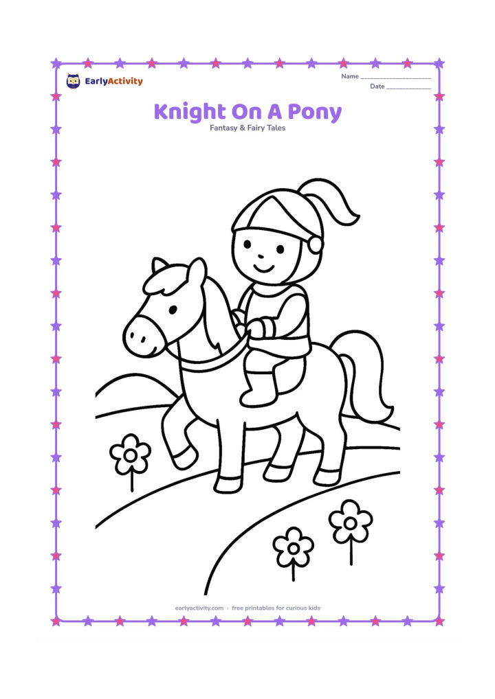 Colouring page: A small knight sits happily on a gentle pony, holding the reins with both hands. Draw a simple path, three flowers, and a rounded hill in the background.