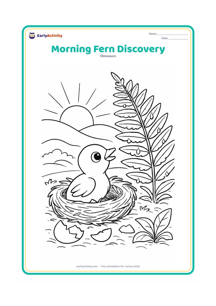 Colouring page: Draw a hatchling emerging from a nest at dawn, looking toward a large fern covered with dew drops. Include a rising sun, layered hills, curled leaves and several eggshell pieces.