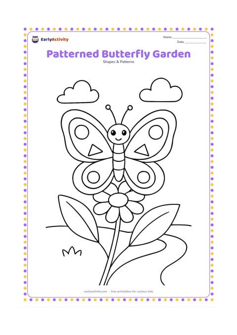 Colouring page: Draw a butterfly resting on a large flower, with matching circles and triangles on its left and right wings. Add two broad leaves, a simple garden path, and a few open clouds.