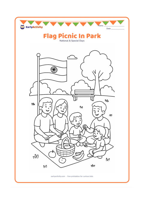 Colouring page: Draw two families having a calm Republic Day picnic in a public park with an Indian flag standing upright in a holder beside the picnic mat. Include a basket, fruit, trees, a bench and…