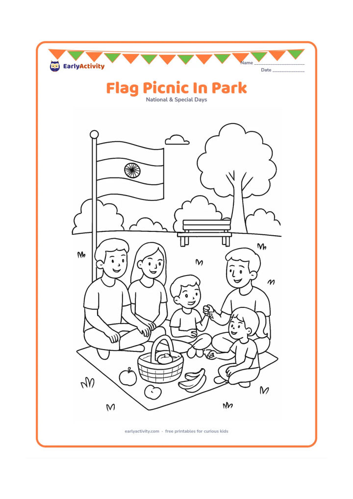 Colouring page: Draw two families having a calm Republic Day picnic in a public park with an Indian flag standing upright in a holder beside the picnic mat. Include a basket, fruit, trees, a bench and…