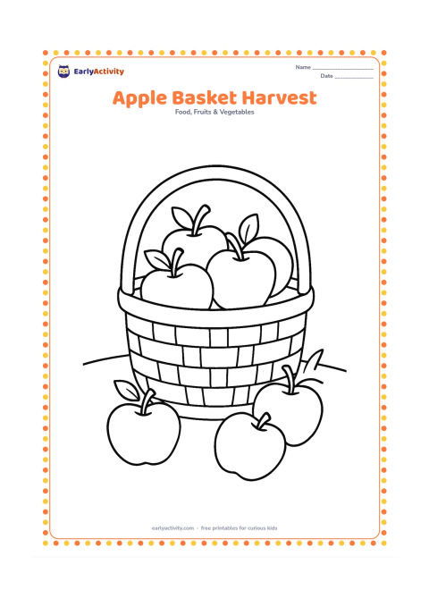 Colouring page: Draw a child-sized basket filled with several apples, with two leaves visible above the rim and a few apples beside the basket. Add a simple orchard ground line.