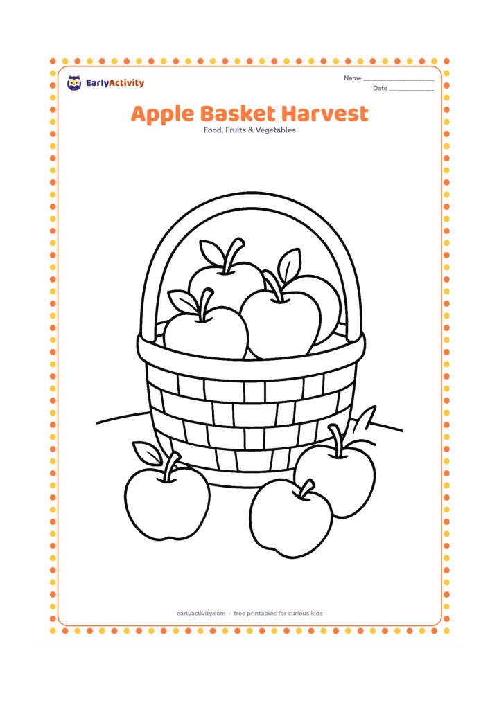 Colouring page: Draw a child-sized basket filled with several apples, with two leaves visible above the rim and a few apples beside the basket. Add a simple orchard ground line.