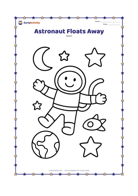 Colouring page: Draw a smiling astronaut gently floating with arms and legs spread, connected by a simple safety tether to a small spacecraft. Add Earth, a crescent Moon and large stars.