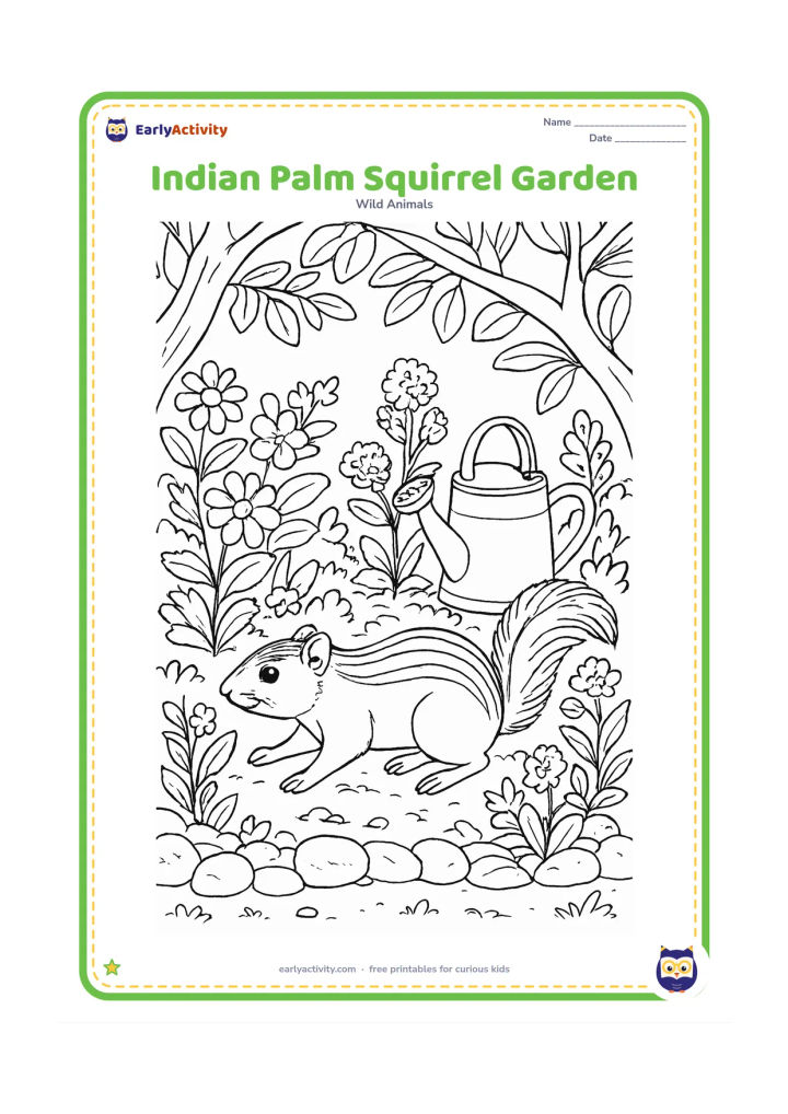 Colouring page: Draw an Indian palm squirrel moving through a lively home garden, with pale back stripes, flowering plants, a stone border, a watering can, and tree branches overhead.