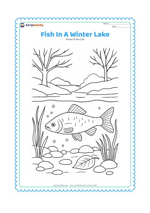 Colouring page: Draw a freshwater fish beneath the surface of a winter lake, with bare branches and snow-covered banks visible above, submerged reeds, smooth stones, bubbles and a fallen leaf…