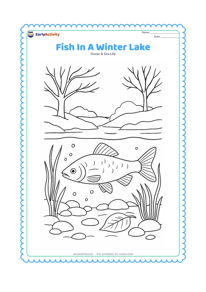 Colouring page: Draw a freshwater fish beneath the surface of a winter lake, with bare branches and snow-covered banks visible above, submerged reeds, smooth stones, bubbles and a fallen leaf…