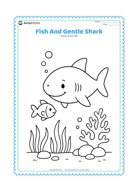 Colouring page: Draw a small fish swimming beside a friendly, rounded shark with a calm expression, above sea grass and smooth stones. Add bubbles and a distant coral patch, keeping the animals clearly…