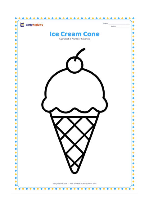 Colouring page: Draw one large ice cream cone with a single rounded scoop, a simple wafer pattern, and a small cherry on top. Centre it on the page with wide open space around it.