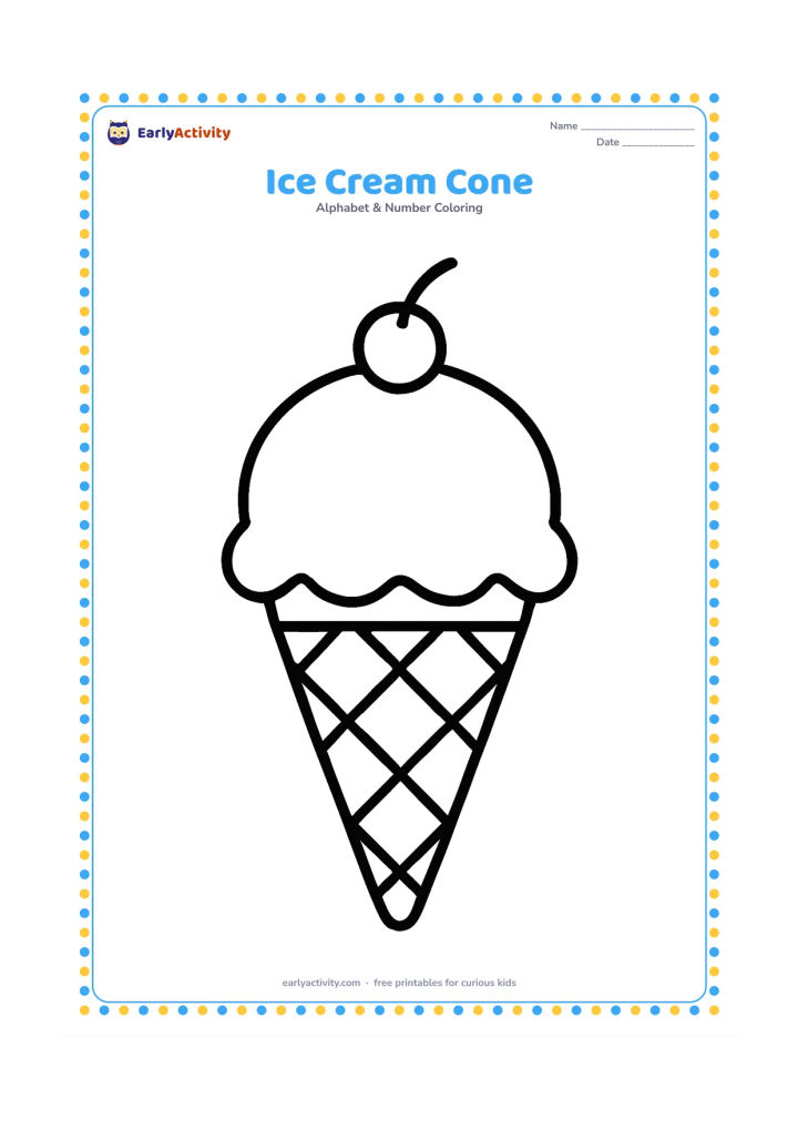 Colouring page: Draw one large ice cream cone with a single rounded scoop, a simple wafer pattern, and a small cherry on top. Centre it on the page with wide open space around it.