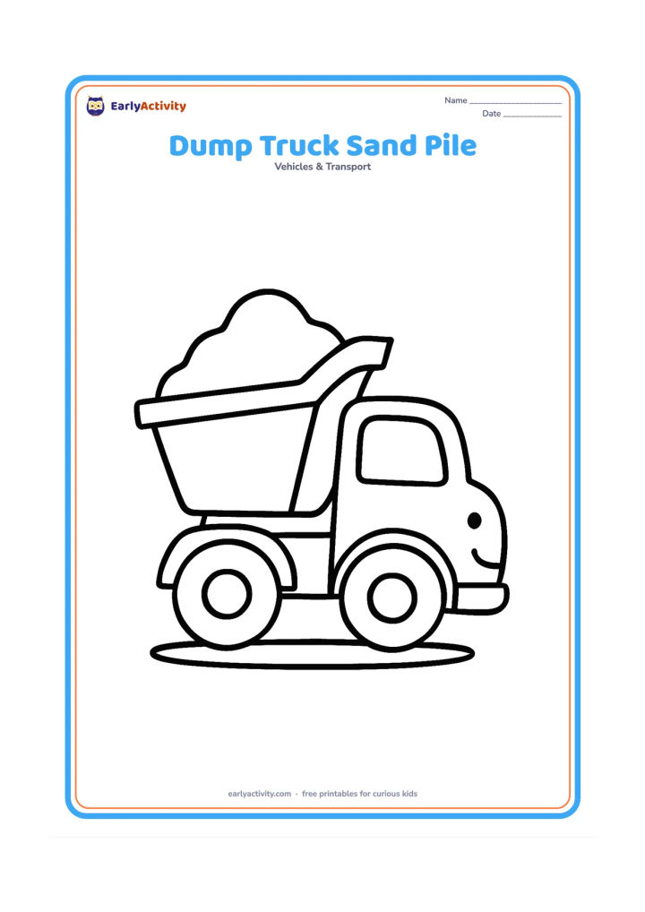 Colouring page: A friendly dump truck carries a large pile of sand in its raised-tip body. Show the truck in side view with two big wheels and only a small patch of ground.
