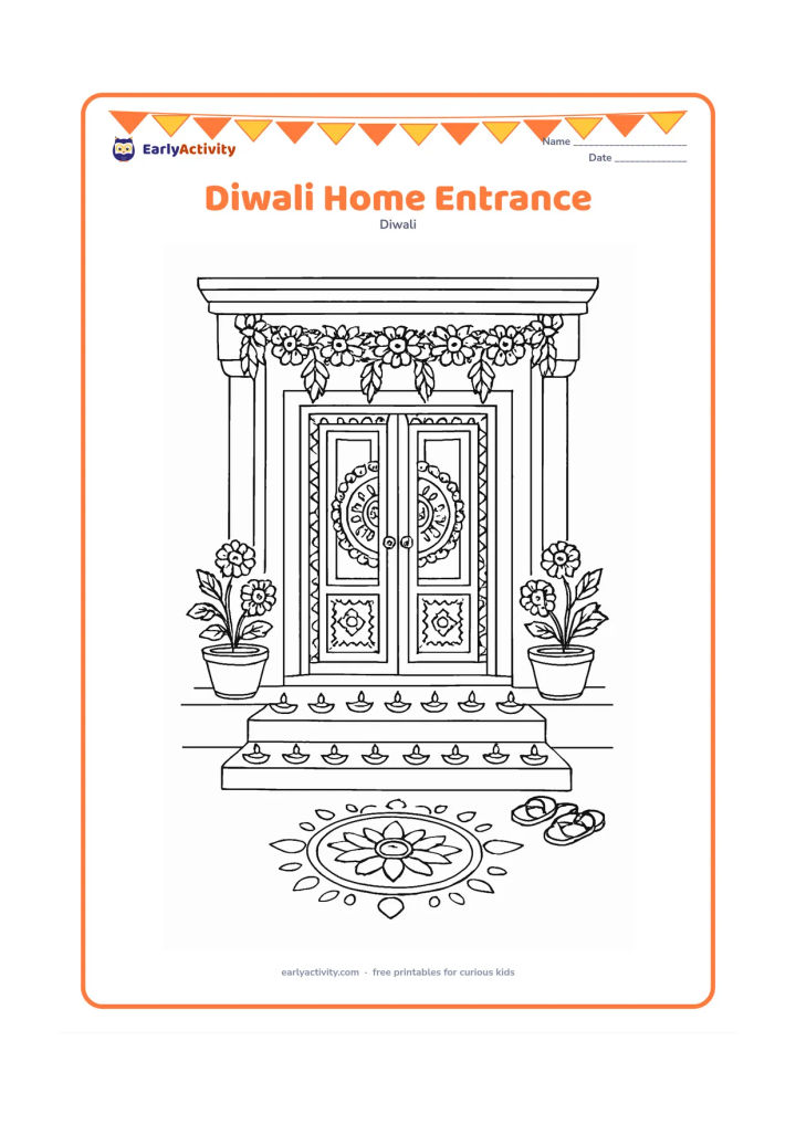 Colouring page: Draw a detailed Indian home entrance decorated with a flower toran, patterned doorway, potted marigolds, a rangoli, and a long row of diyas along the steps. Add sandals neatly placed to…
