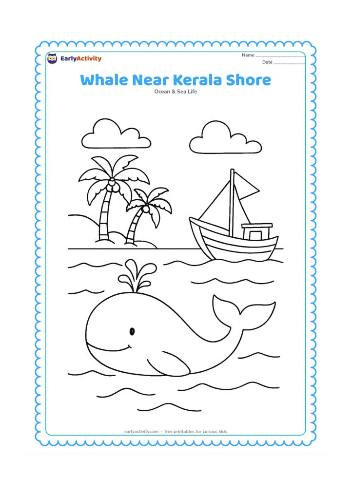 Colouring page: Place a whale offshore beside a simple traditional fishing boat, with coconut palms, a sandy shoreline, broad waves, and a small air spout. Keep the coastal setting behind the whale…