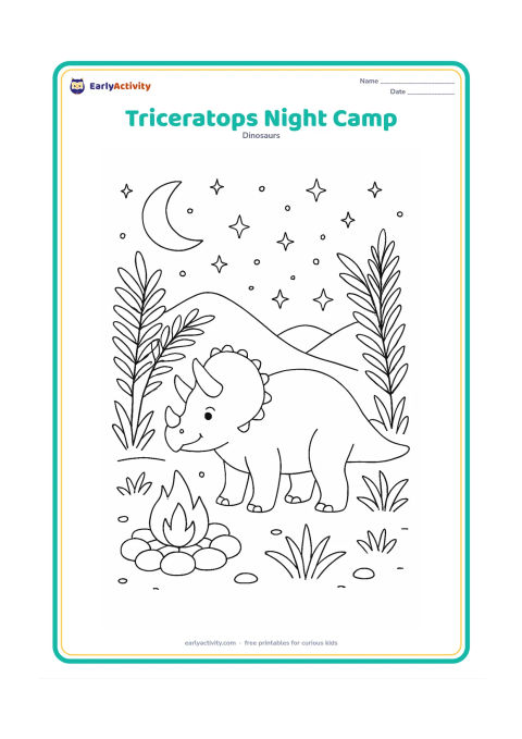 Colouring page: A relaxed triceratops stands beneath a starry night sky beside a small safe glowing fire ring made of stones, with tall cycads, a crescent moon, and layered hills behind it. Keep the…