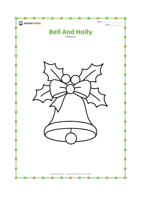 Colouring page: One large Christmas bell hangs from a ribbon, surrounded by three holly leaves and round berries. Leave plenty of open space around the cheerful decoration.