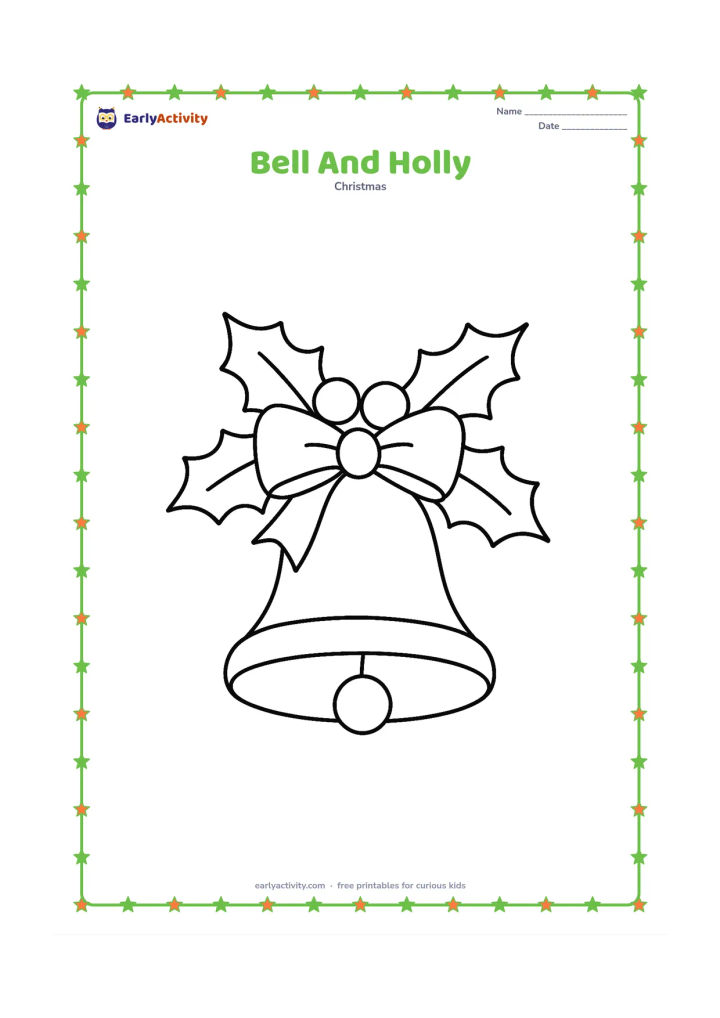 Colouring page: One large Christmas bell hangs from a ribbon, surrounded by three holly leaves and round berries. Leave plenty of open space around the cheerful decoration.