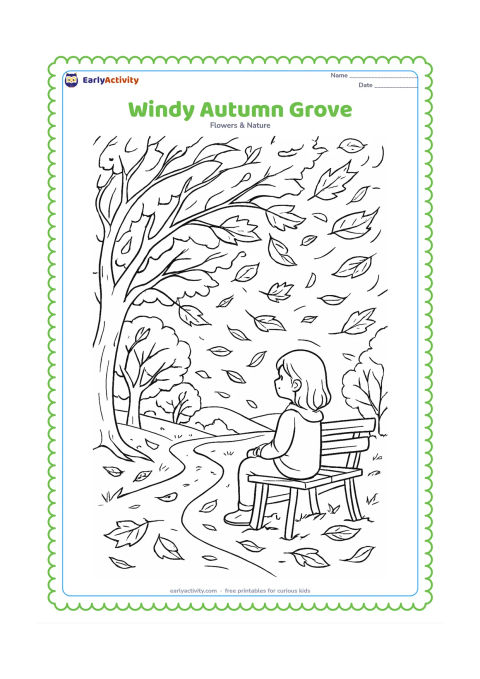 Colouring page: A detailed autumn grove shows branches bending in the wind, leaves swirling through the air, a footpath, distant hills and a child watching from a bench.