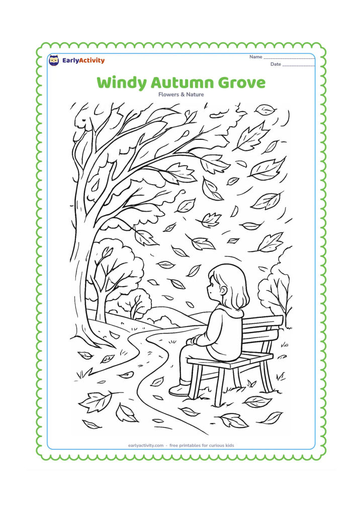 Colouring page: A detailed autumn grove shows branches bending in the wind, leaves swirling through the air, a footpath, distant hills and a child watching from a bench.
