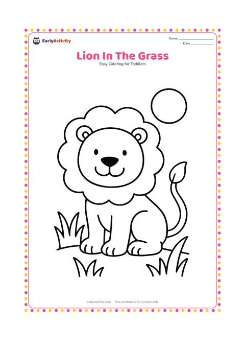 Colouring page: Draw a smiling lion sitting in a patch of grass with its tail curled beside it. Add three large grass tufts and a round sun without facial features.