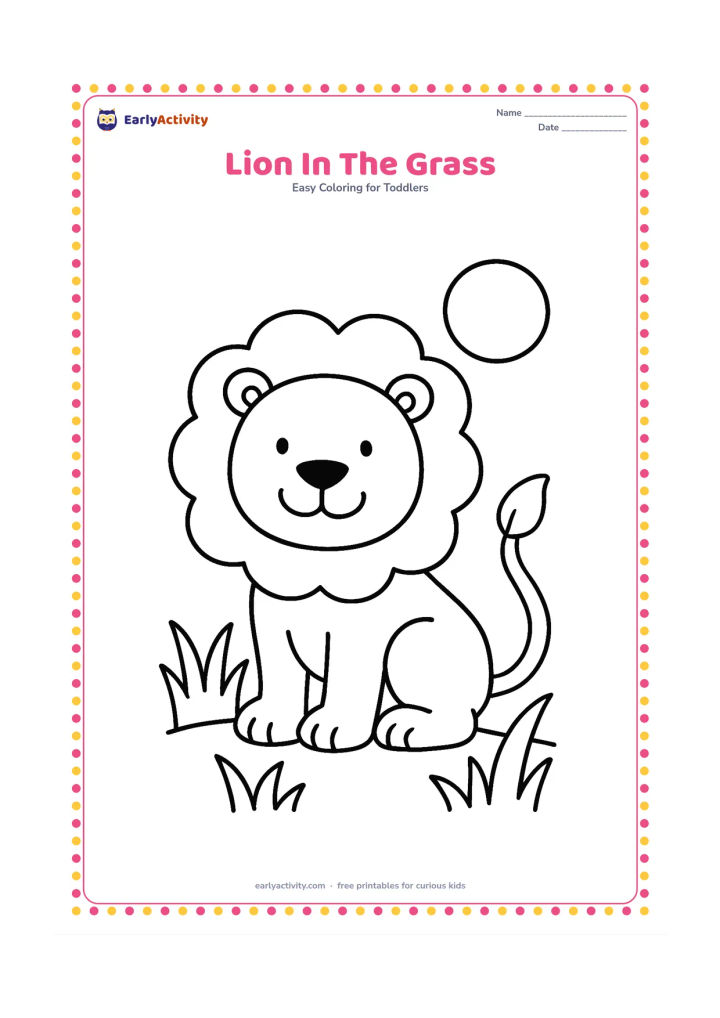 Colouring page: Draw a smiling lion sitting in a patch of grass with its tail curled beside it. Add three large grass tufts and a round sun without facial features.