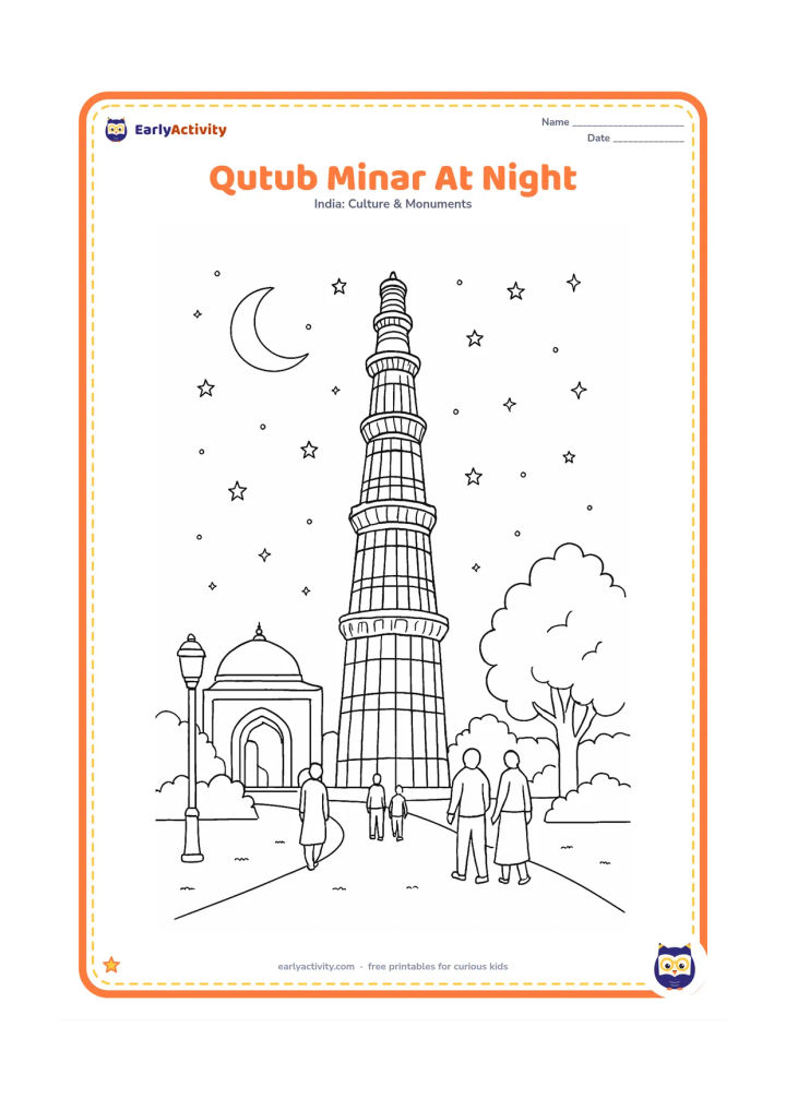 Colouring page: Show Qutub Minar beneath a calm starry sky and crescent moon, with softly outlined courtyard lamps, trees, an arch, and a few visitors walking along the path. Keep the tower's carved…