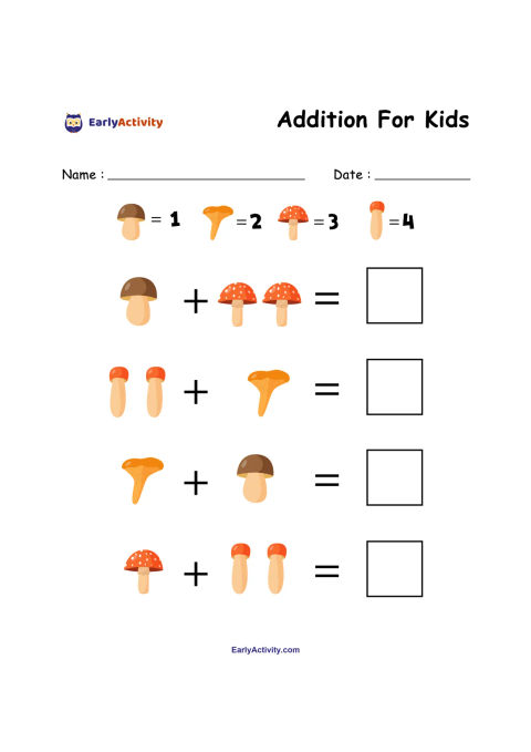 Worksheet showing mushroom pictures labelled 1 to 4, followed by four addition problems with blank answer boxes.