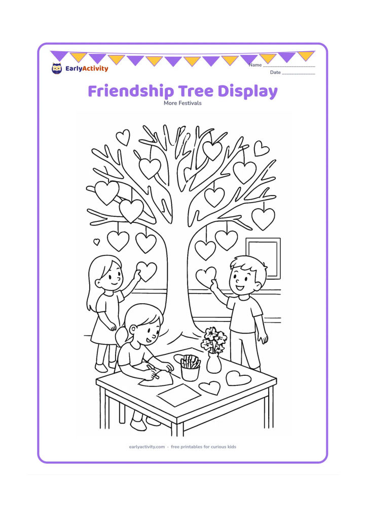 Colouring page: A large decorative tree in a classroom has many blank paper hearts hanging from its branches, while children add more hearts from a table holding crayons, flowers, and cards.