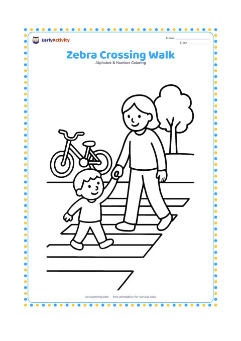 Colouring page: Draw a child holding an adult's hand while they walk across a zebra crossing, with a stopped bicycle and a simple roadside tree nearby. Show broad crossing stripes on the road but no…