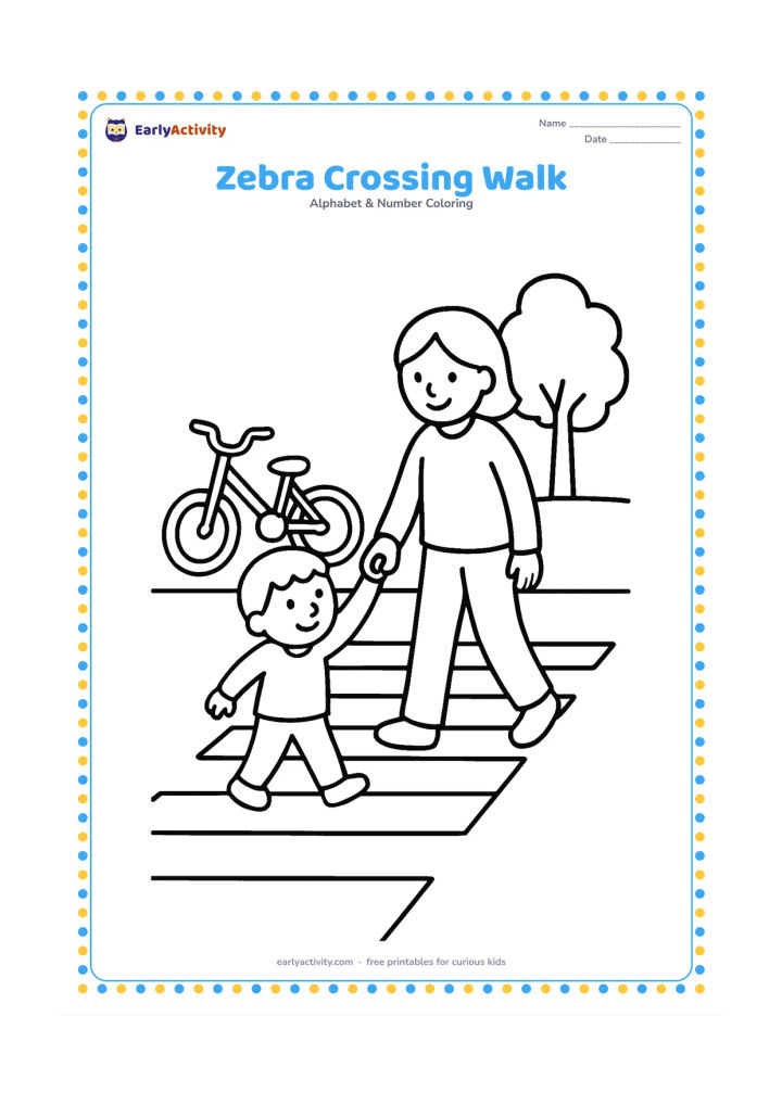 Colouring page: Draw a child holding an adult's hand while they walk across a zebra crossing, with a stopped bicycle and a simple roadside tree nearby. Show broad crossing stripes on the road but no…