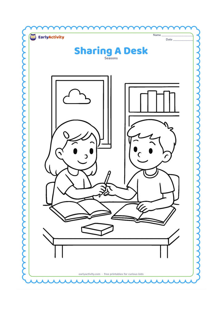Colouring page: Two children sit together at a shared classroom desk, passing a pencil between them. Show two books, a small pencil box, a window and a shelf of blank-covered books behind them.