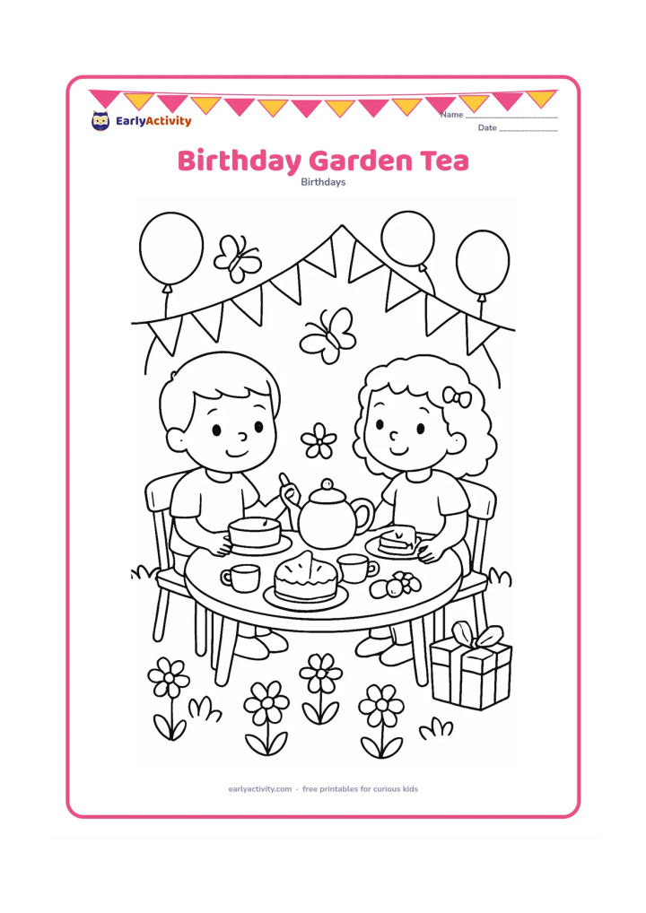 Colouring page: Two friends sit at a small garden table sharing cake and fruit at a birthday tea. Add a teapot, cups, bunting without words, flowers, butterflies, balloons, and a wrapped gift.