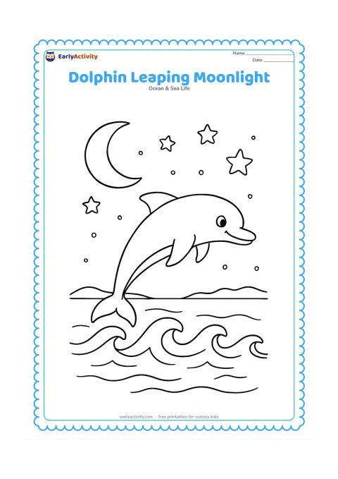 Colouring page: Draw one dolphin leaping over dark-looking outlined waves beneath a large crescent moon and scattered stars. Add a distant low shoreline and reflections made from simple curved lines.