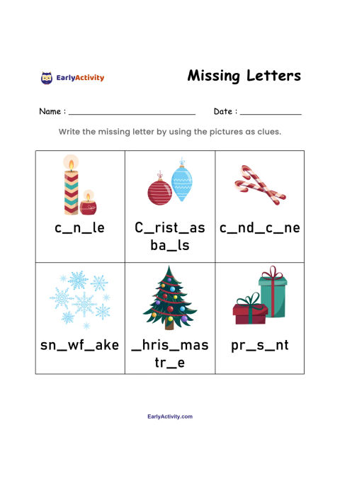 Worksheet with six Christmas pictures, including candles, baubles, candy canes, a snowflake, a Christmas tree and presents, with missing-letter words.