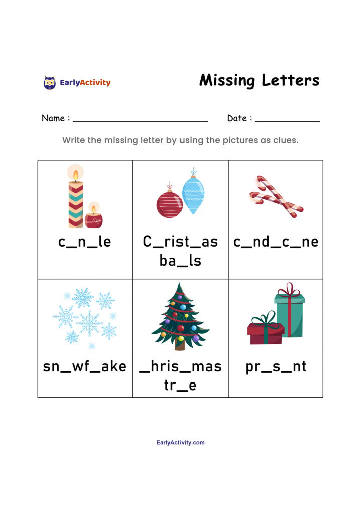 Worksheet with six Christmas pictures, including candles, baubles, candy canes, a snowflake, a Christmas tree and presents, with missing-letter words.