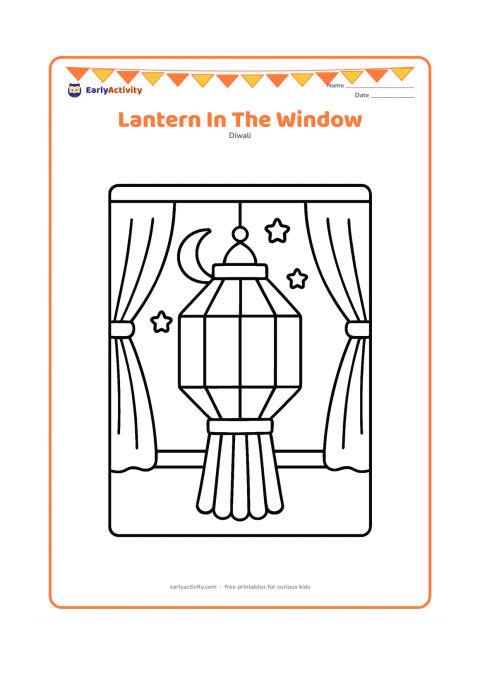 Colouring page: A large hanging Diwali lantern is displayed in an open window, with two simple curtains, a moon and a few rounded stars outside. Make the lantern the clear central object with large panels.